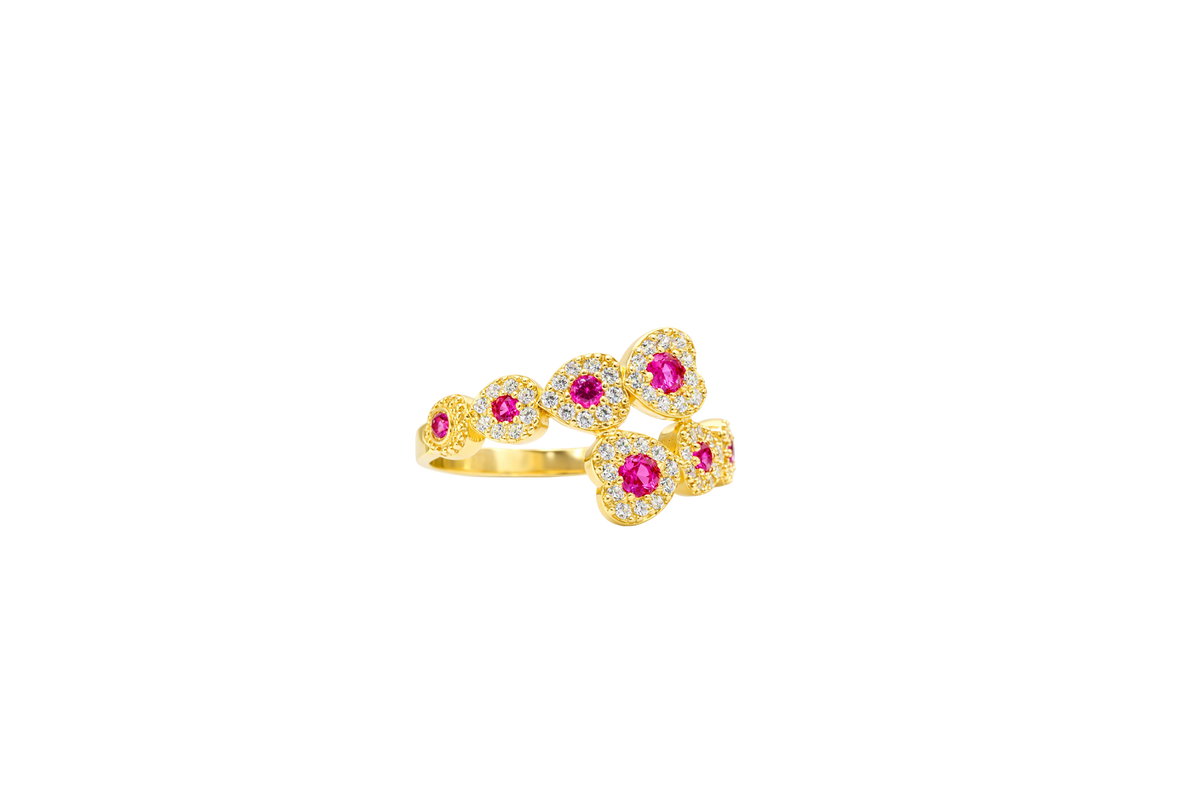 14KT Gold Ring Women's Eight Red Center CZ Stones Center of White CZ Stones Heart Shape Bypass Band