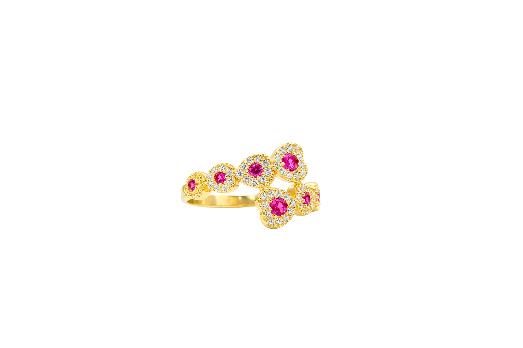 14KT Gold Ring Women's Eight Red Center CZ Stones Center of White CZ Stones Heart Shape Bypass Band