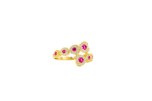 14KT Gold Ring Women's Eight Red Center CZ Stones Center of White CZ Stones Heart Shape Bypass Band