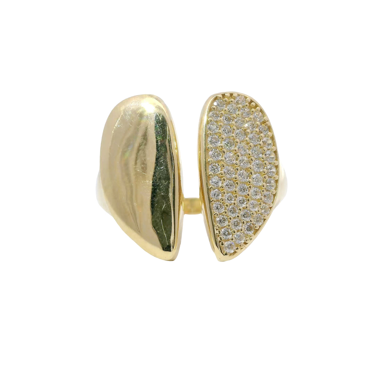 14KT Gold Ring Women's Abstract Split Band Heart Design with White CZ Stones on Half of Heart and Plain Band