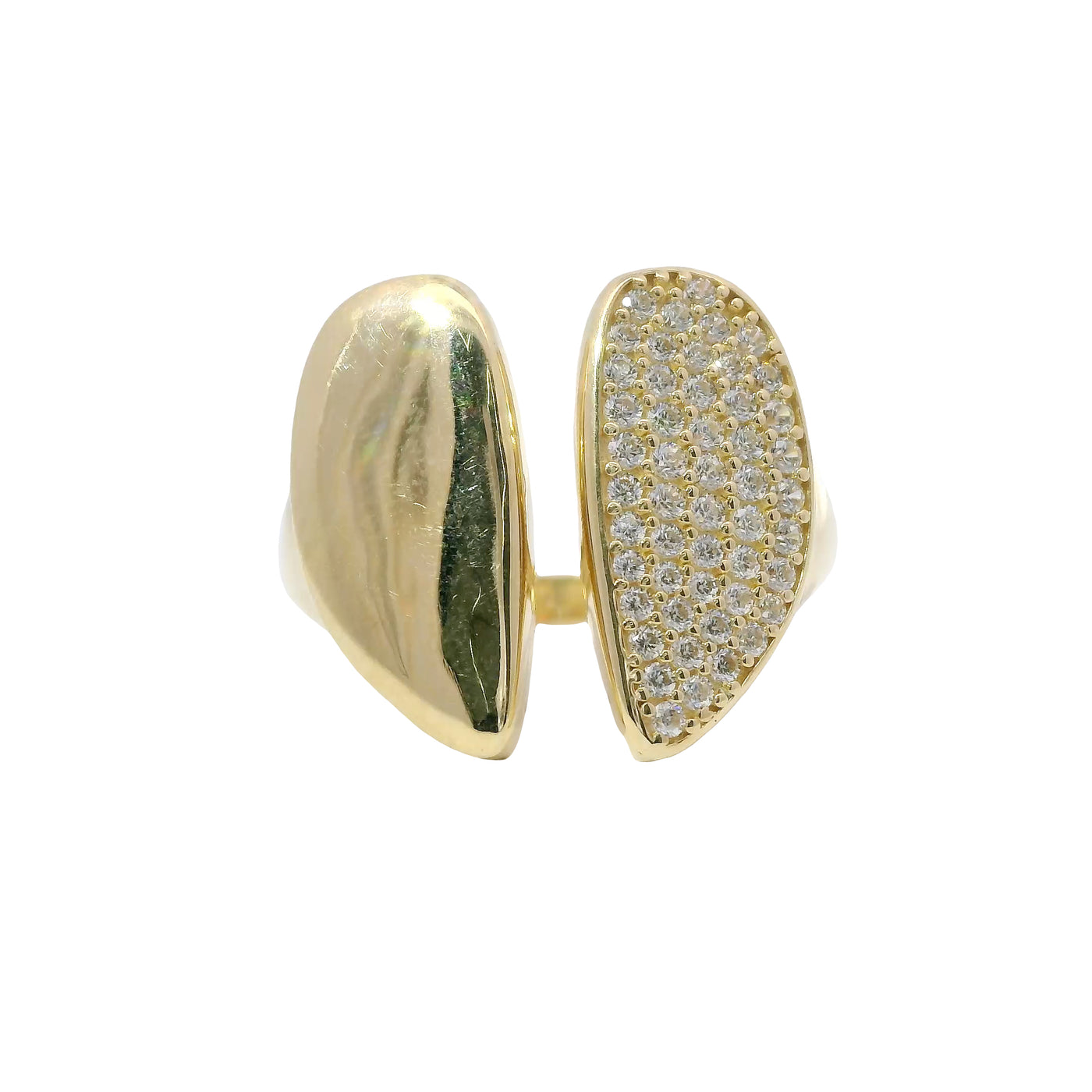 14KT Gold Ring Women's Abstract Split Band Heart Design with White CZ Stones on Half of Heart and Plain Band