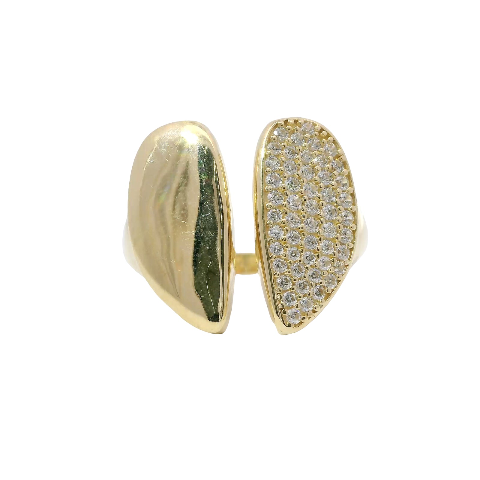 14KT Gold Ring Women's Abstract Split Band Heart Design with White CZ Stones on Half of Heart and Plain Band
