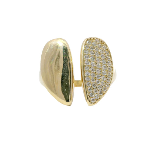 14KT Gold Ring Women's Abstract Split Band Heart Design with White CZ Stones on Half of Heart and Plain Band