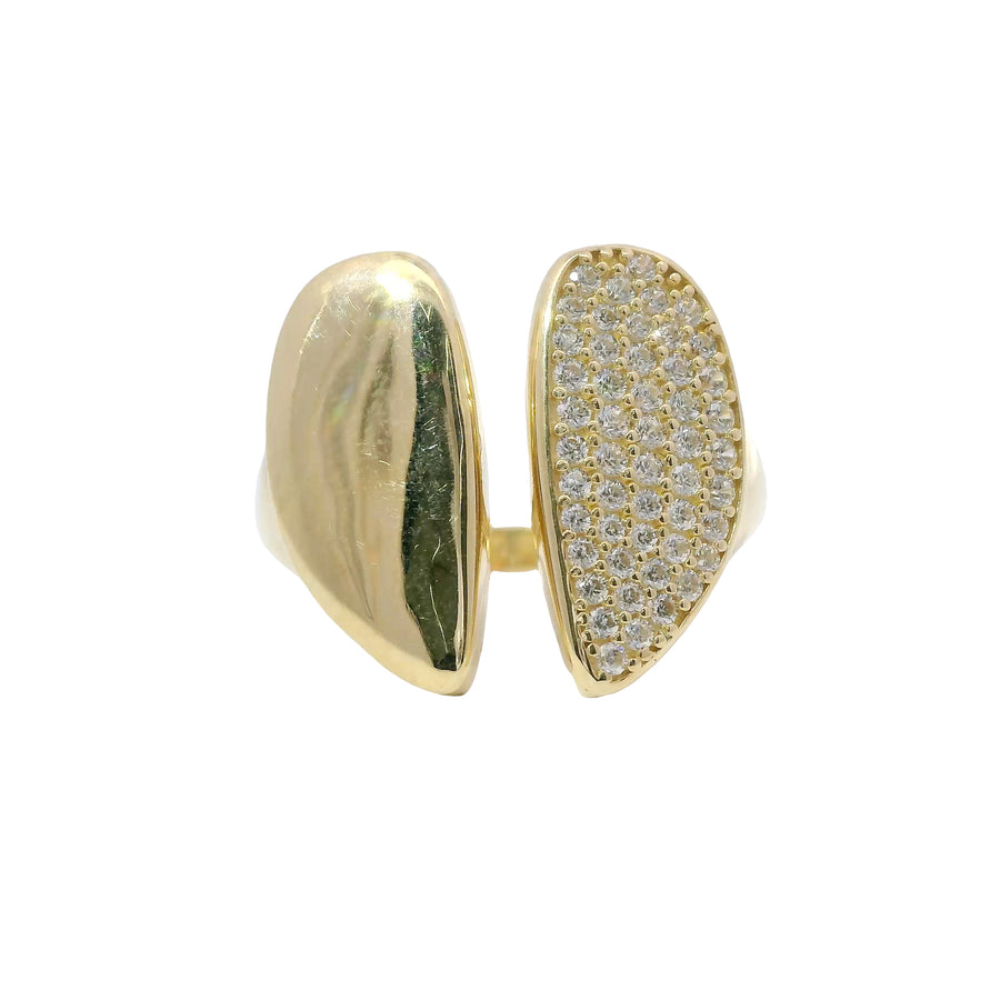 14KT Gold Ring Women's Abstract Split Band Heart Design with White CZ Stones on Half of Heart and Plain Band