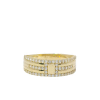 14KT Gold Women's Ring Plain Rectangle Center White CZ Stone Border with White CZ Stone Belt White CZ Stones Upper/Lower Border of Band