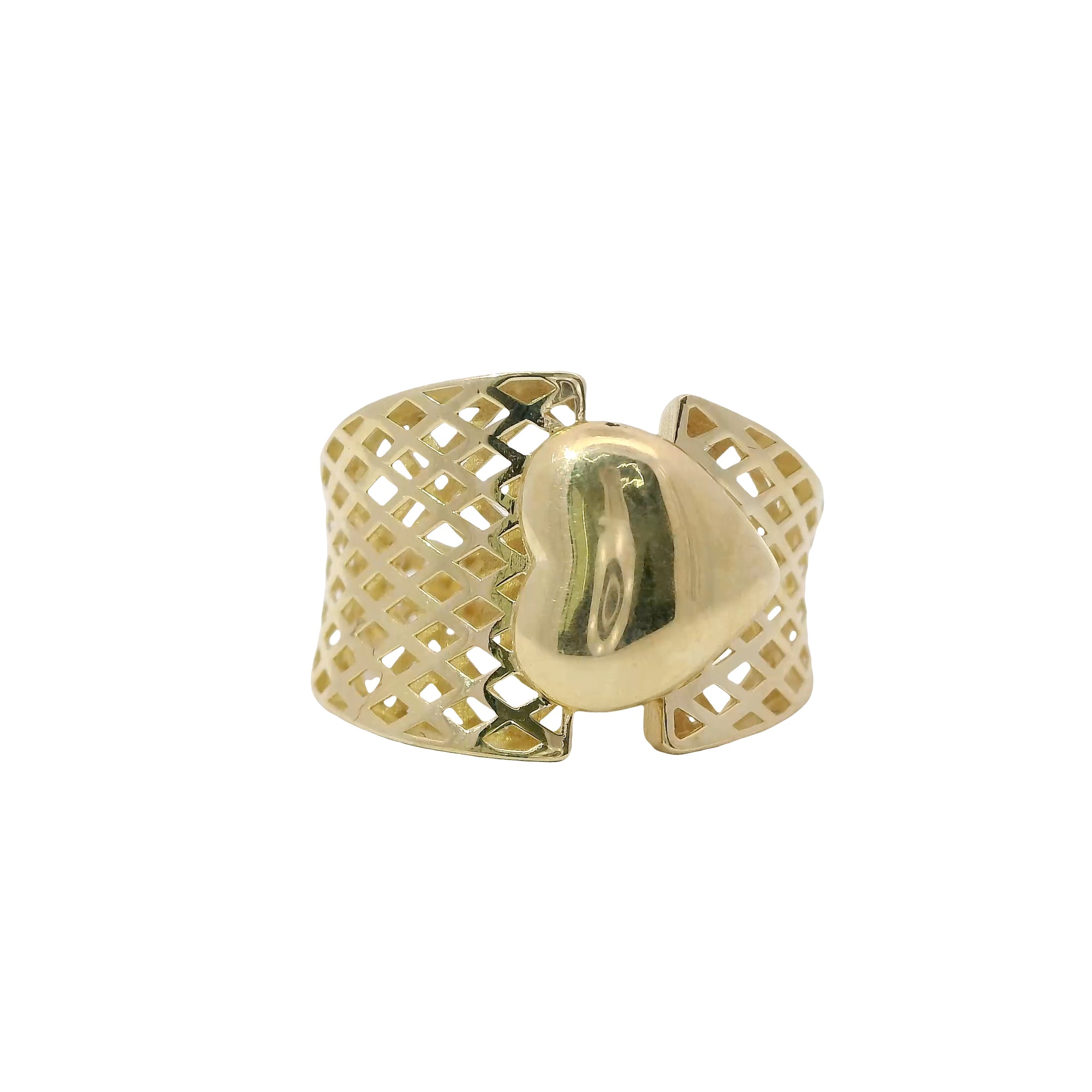 14KT Gold Ring Women's Abstract Round Bubble Heart Top Split Band Design Lattice Band