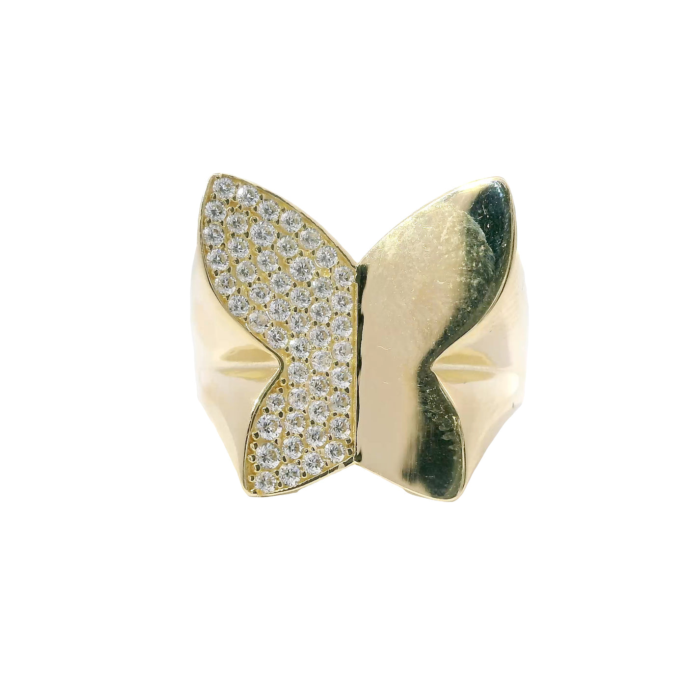 14KT Gold Ring Women's Butterfly with Left Wing White CZ Stones and Right Wing Plain