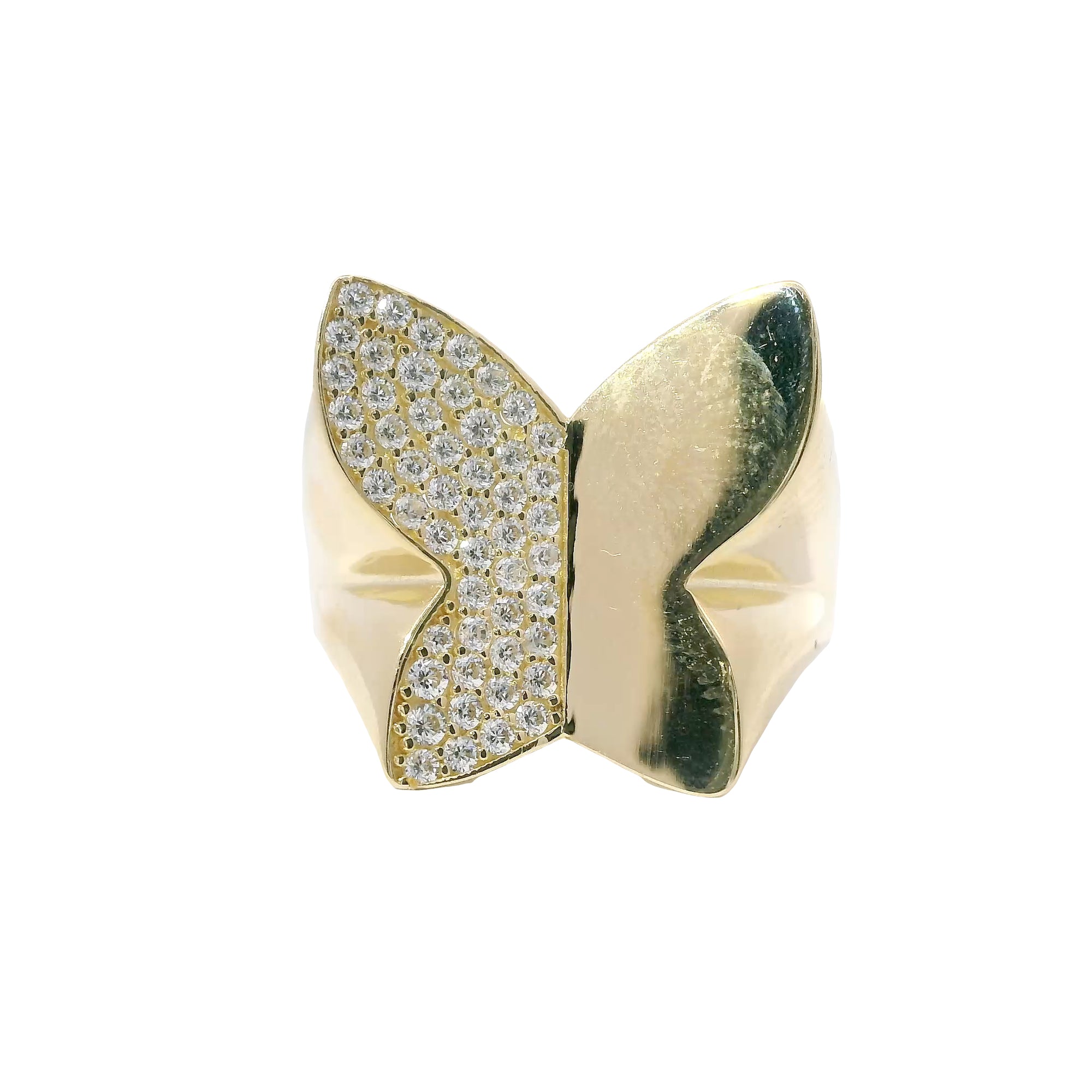 14KT Gold Ring Women's Butterfly with Left Wing White CZ Stones and Right Wing Plain