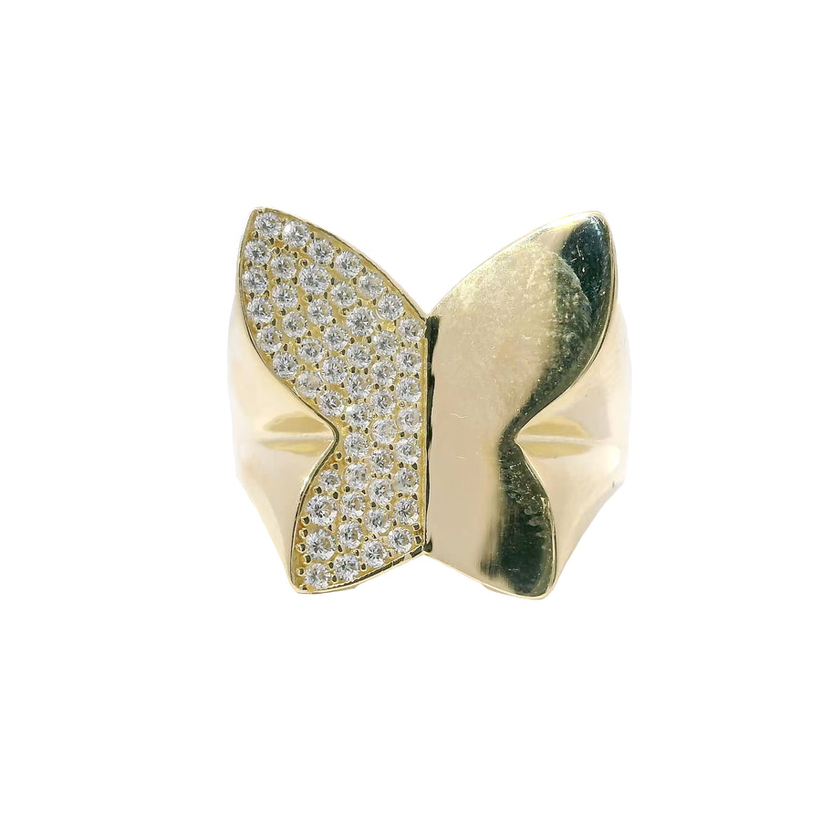 14KT Gold Ring Women's Butterfly with Left Wing White CZ Stones and Right Wing Plain
