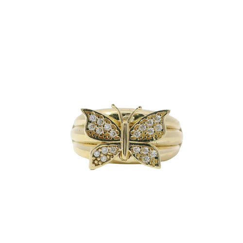 14KT Gold Ring Women's Butterfly Shape White CZ Stones Wings and Three Ribbed Plain Band