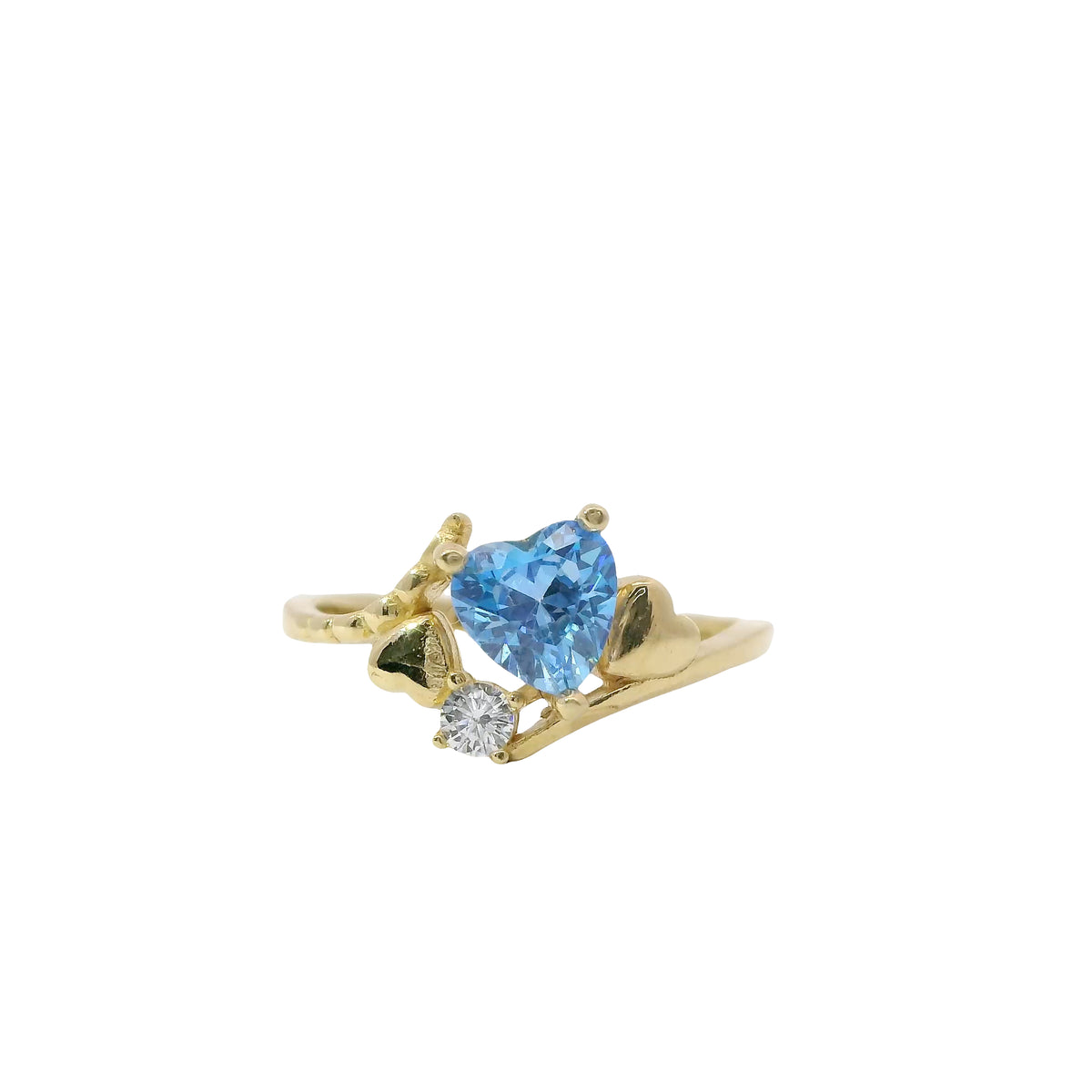 14KT Gold Ring Women's Light Blue Heart Shape Center CZ Stone Left White Round CZ Stone with Two Plain Hearts and Plain Bypass Band Upper - Rope Lower Band Plain
