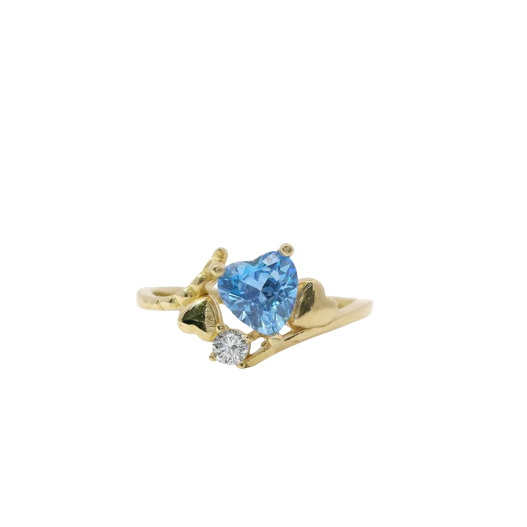 14KT Gold Ring Women's Light Blue Heart Shape Center CZ Stone Left White Round CZ Stone with Two Plain Hearts and Plain Bypass Band Upper - Rope Lower Band Plain