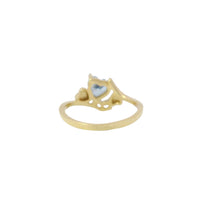 14KT Gold Ring Women's Light Blue Heart Shape Center CZ Stone Left White Round CZ Stone with Two Plain Hearts and Plain Bypass Band Upper - Rope Lower Band Plain