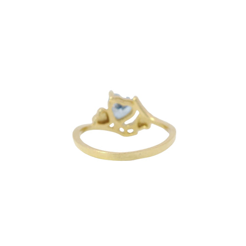 14KT Gold Ring Women's Light Blue Heart Shape Center CZ Stone Left White Round CZ Stone with Two Plain Hearts and Plain Bypass Band Upper - Rope Lower Band Plain