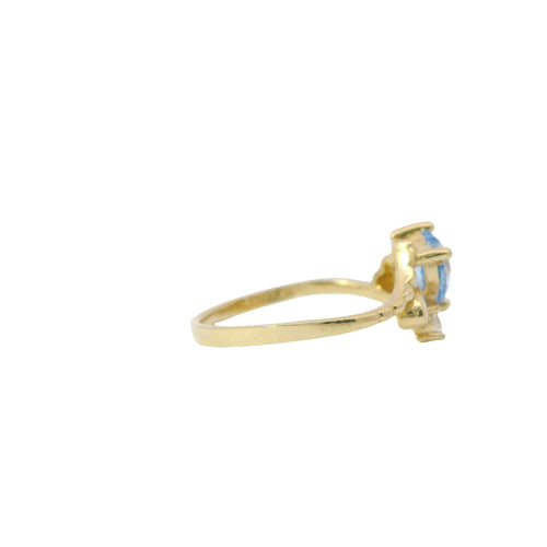 14KT Gold Ring Women's Light Blue Heart Shape Center CZ Stone Left White Round CZ Stone with Two Plain Hearts and Plain Bypass Band Upper - Rope Lower Band Plain