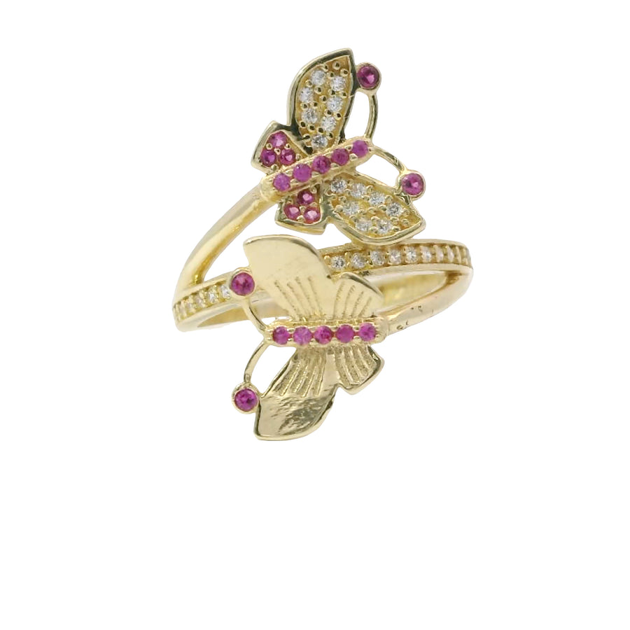 14KT Gold Ring Women's Bypass Butterfly with White CZ Stone Wings Dark Pink CZ Stone Body on Each End White CZ Stone Center Band