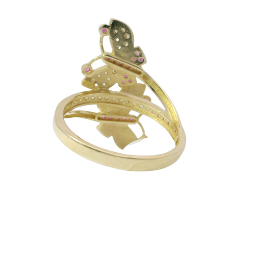 14KT Gold Ring Women's Bypass Butterfly with White CZ Stone Wings Dark Pink CZ Stone Body on Each End White CZ Stone Center Band