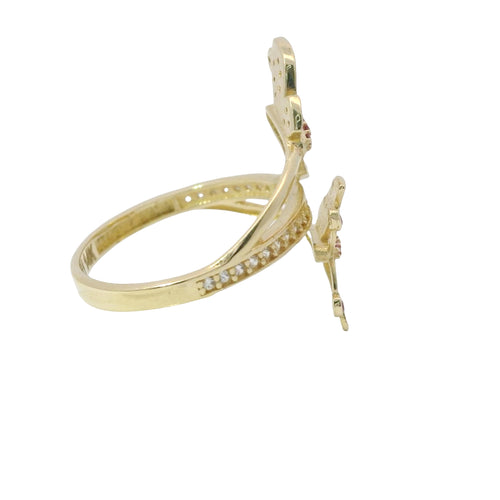 14KT Gold Ring Women's Bypass Butterfly with White CZ Stone Wings Dark Pink CZ Stone Body on Each End White CZ Stone Center Band