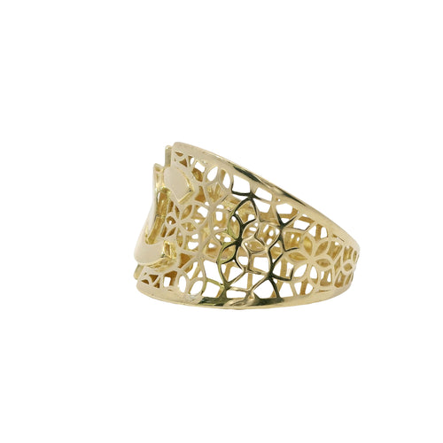 14KT Gold Ring Women's Abstract CC Style Top Split Band Design Flower Petal Lattice Band