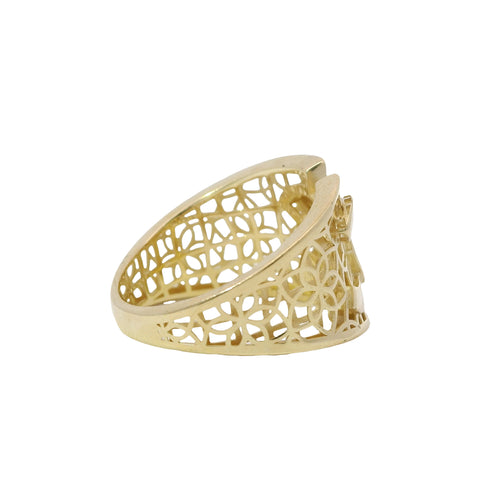 14KT Gold Ring Women's Abstract CC Style Top Split Band Design Flower Petal Lattice Band