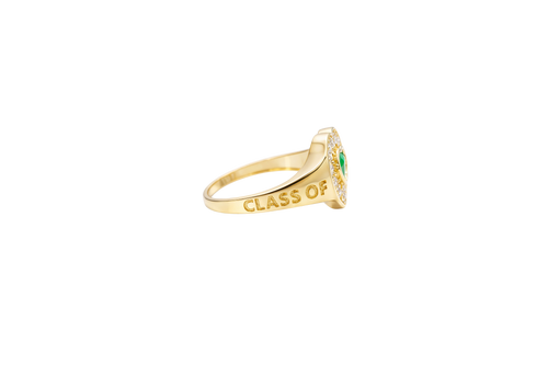 14KT Gold Ring Women's "Class of 2025" Dark Green Center Heart CZ Stone White CZ Stones Border Plain Band