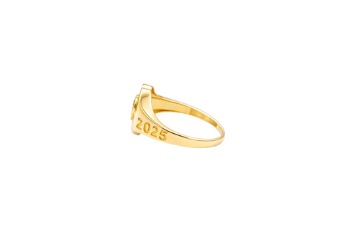 14KT Gold Ring Women's "Class of 2025" Dark Green Center Heart CZ Stone White CZ Stones Border Plain Band