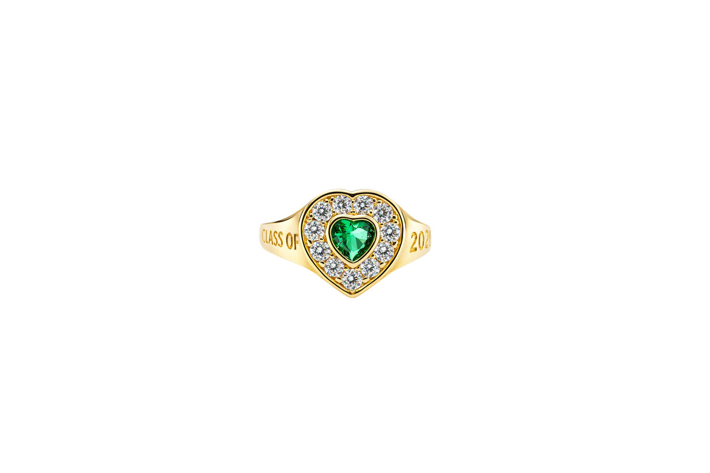 14KT Gold Ring Women's "Class of 2025" Dark Green Center Heart CZ Stone White CZ Stones Border Plain Band