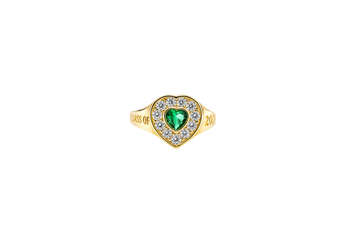 14KT Gold Ring Women's "Class of 2025" Dark Green Center Heart CZ Stone White CZ Stones Border Plain Band