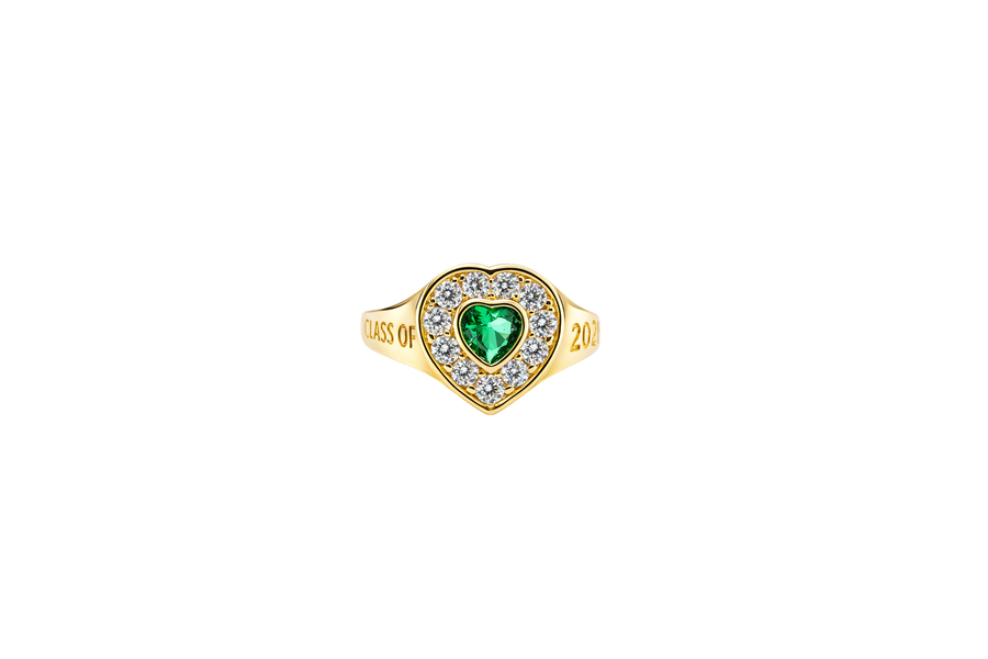 14KT Gold Ring Women's "Class of 2025" Dark Green Center Heart CZ Stone White CZ Stones Border Plain Band