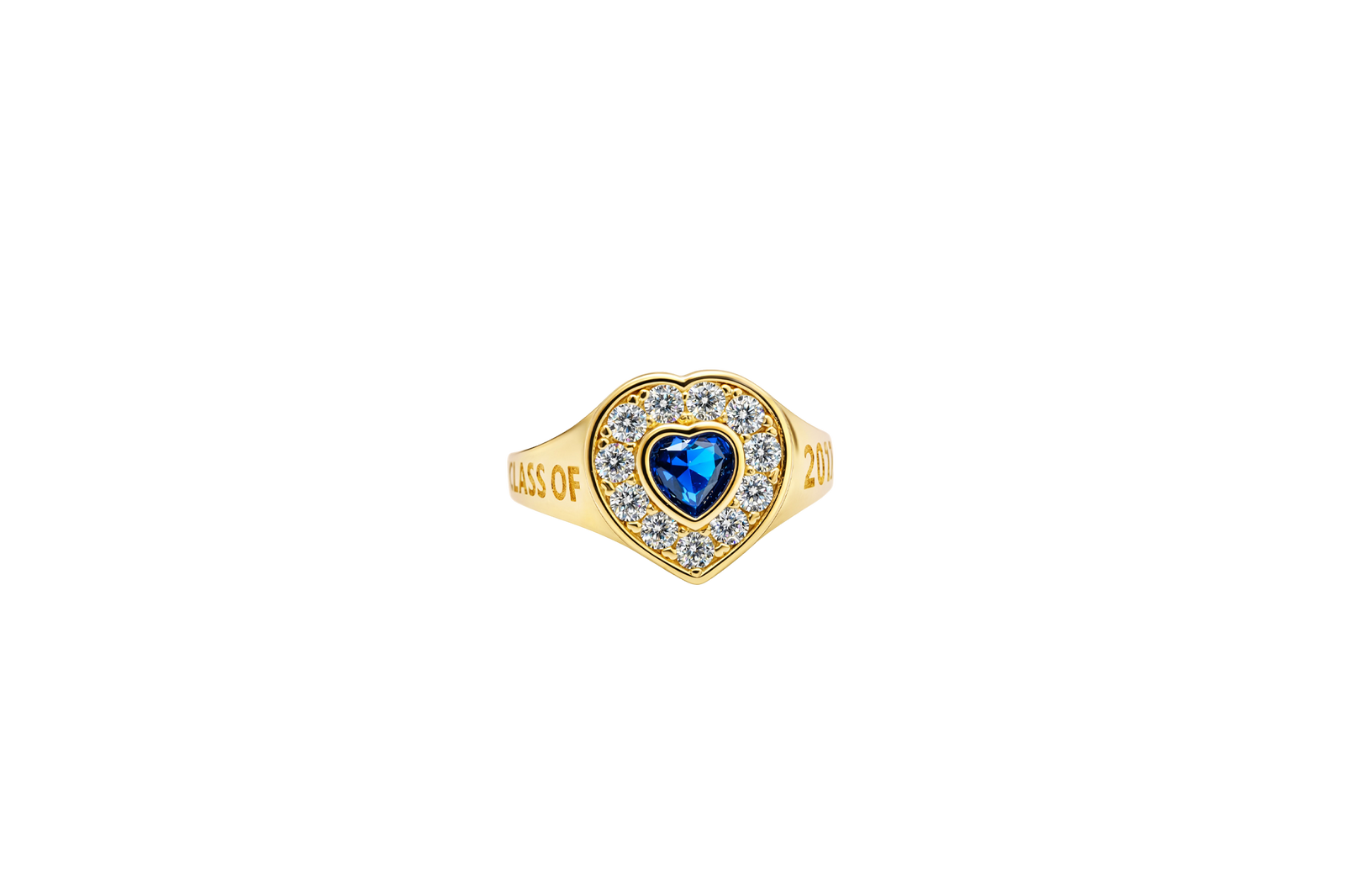 14KT Gold Ring Women's "Class of 2025" Navy Blue Center Heart CZ Stone White CZ Stones Border Plain Band