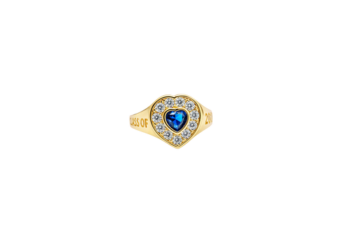 14KT Gold Ring Women's "Class of 2025" Navy Blue Center Heart CZ Stone White CZ Stones Border Plain Band
