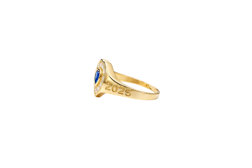 14KT Gold Ring Women's "Class of 2025" Navy Blue Center Heart CZ Stone White CZ Stones Border Plain Band
