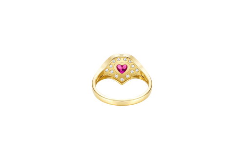 14KT Gold Ring Women's "Class of 2025" Red Center Heart CZ Stone White CZ Stones Border Plain Band