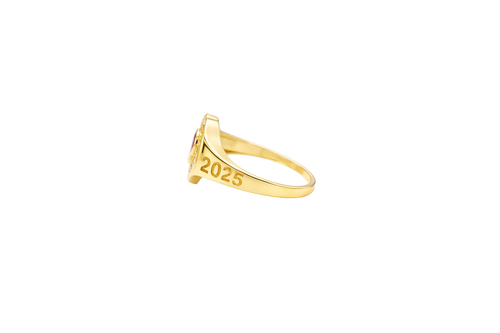 14KT Gold Ring Women's "Class of 2025" Red Center Heart CZ Stone White CZ Stones Border Plain Band