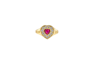 14KT Gold Ring Women's "Class of 2025" Red Center Heart CZ Stone White CZ Stones Border Plain Band