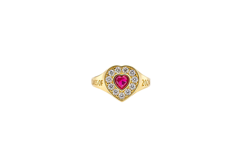 14KT Gold Ring Women's "Class of 2025" Red Center Heart CZ Stone White CZ Stones Border Plain Band