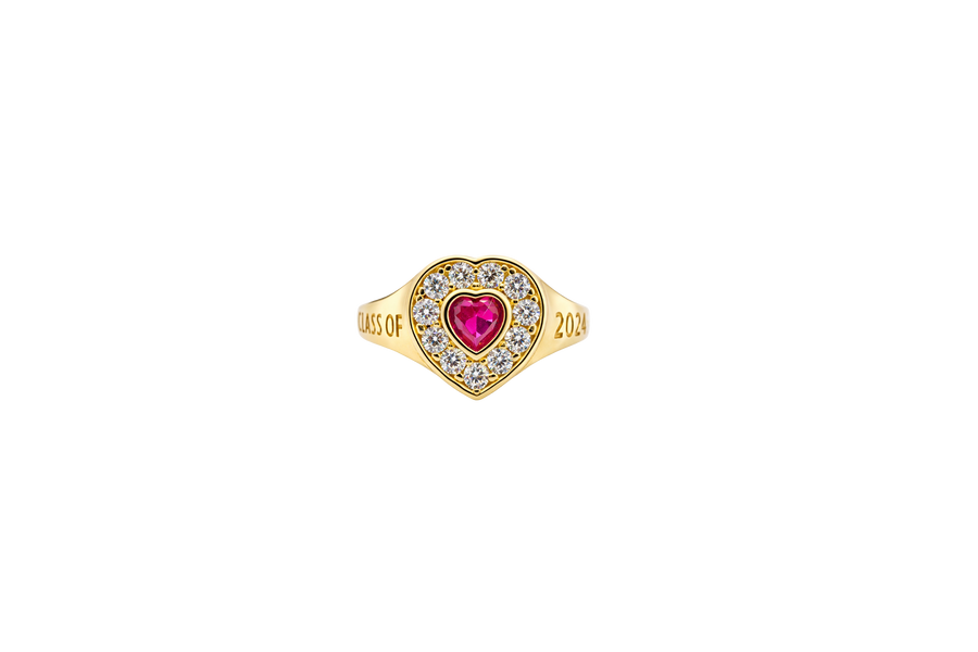 14KT Gold Ring Women's "Class of 2025" Red Center Heart CZ Stone White CZ Stones Border Plain Band