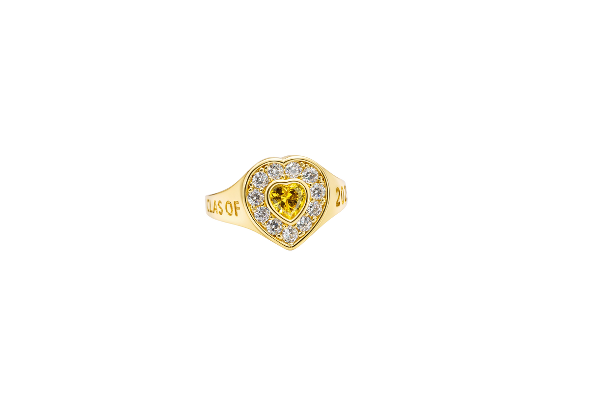 14KT Gold Ring Women's "Class of 2025" Yellow Center Heart CZ Stone White CZ Stones Border Plain Band
