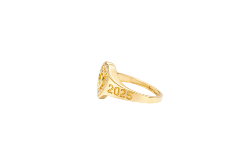 14KT Gold Ring Women's "Class of 2025" Yellow Center Heart CZ Stone White CZ Stones Border Plain Band