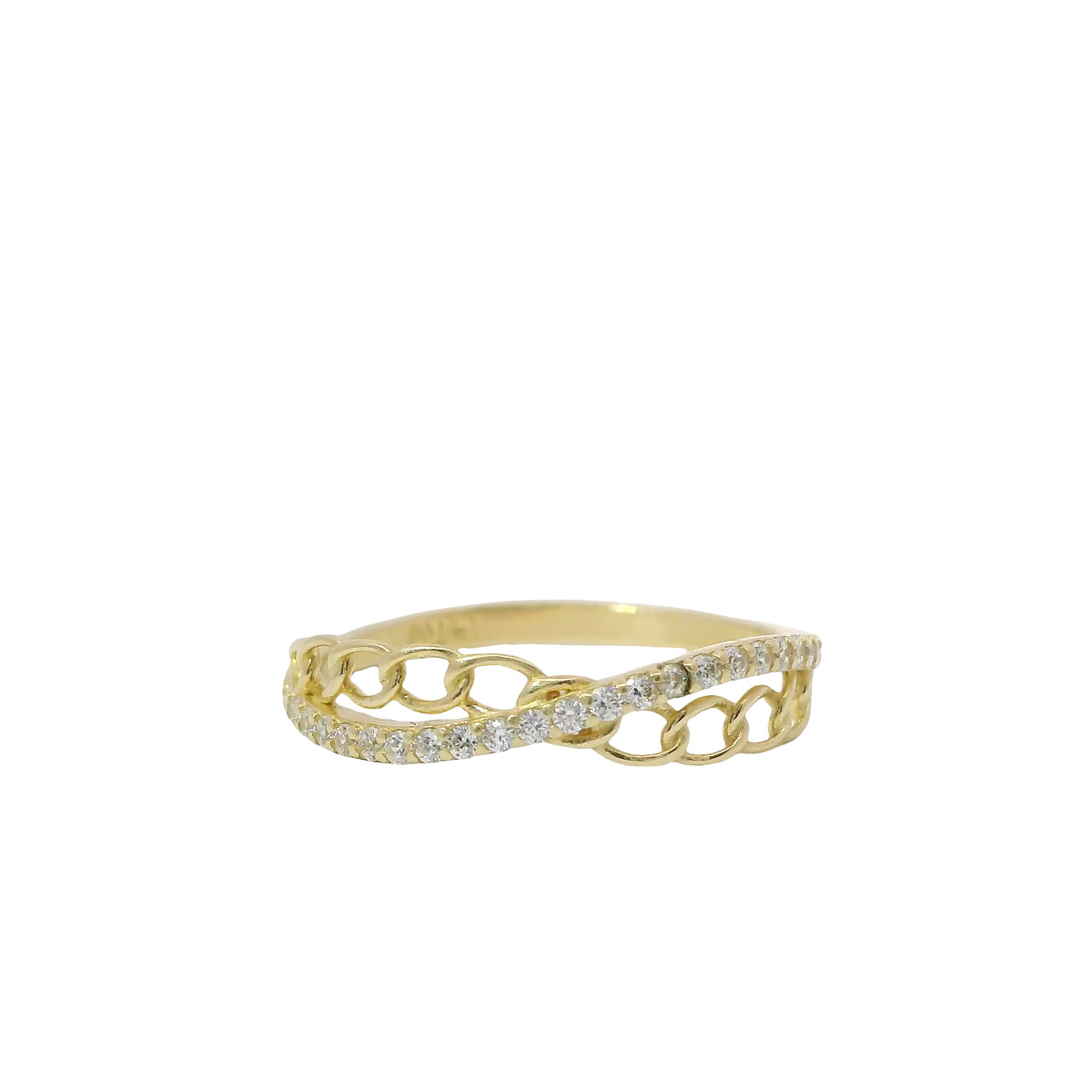 14KT Gold Ring Women's Light Weight White CZ Stone and Curb Link Criss Crossed Center with Plain Band