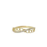 14KT Gold Ring Women's Light Weight White CZ Stone and Curb Link Criss Crossed Center with Plain Band