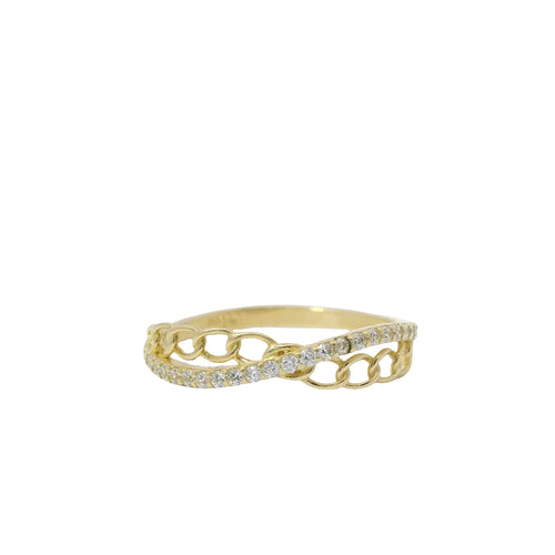 14KT Gold Ring Women's Light Weight White CZ Stone and Curb Link Criss Crossed Center with Plain Band