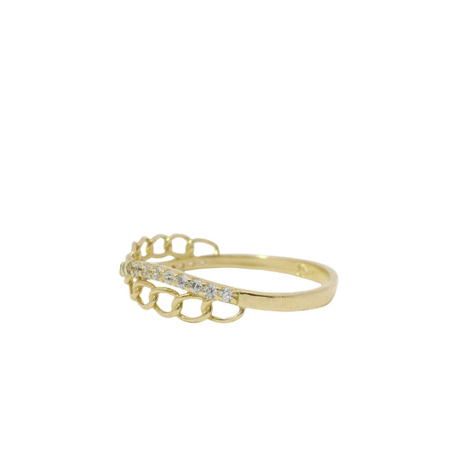 14KT Gold Ring Women's Light Weight White CZ Stone and Curb Link Criss Crossed Center with Plain Band