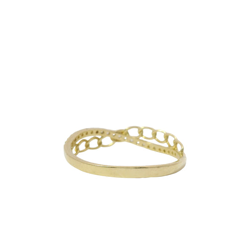14KT Gold Ring Women's Light Weight White CZ Stone and Curb Link Criss Crossed Center with Plain Band