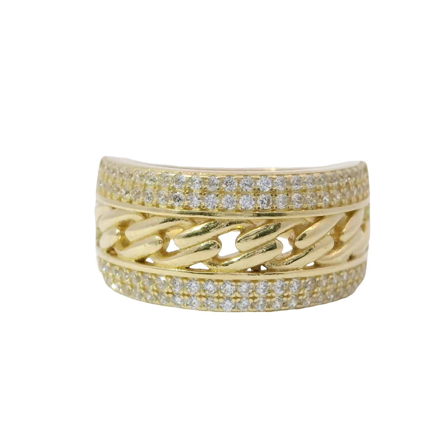 14KT Gold Ring Women's Cuban Link Center with Top and Lower Double Row of White CZ Stones Band