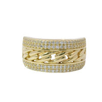 14KT Gold Ring Women's Cuban Link Center with Top and Lower Double Row of White CZ Stones Band