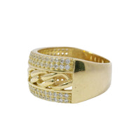 14KT Gold Ring Women's Cuban Link Center with Top and Lower Double Row of White CZ Stones Band