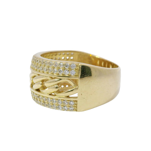 14KT Gold Ring Women's Cuban Link Center with Top and Lower Double Row of White CZ Stones Band
