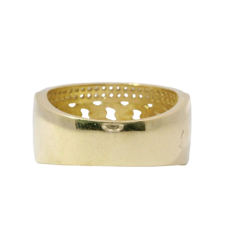 14KT Gold Ring Women's Cuban Link Center with Top and Lower Double Row of White CZ Stones Band