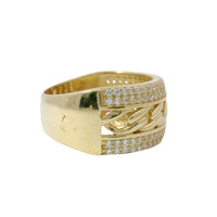 14KT Gold Ring Women's Cuban Link Center with Top and Lower Double Row of White CZ Stones Band